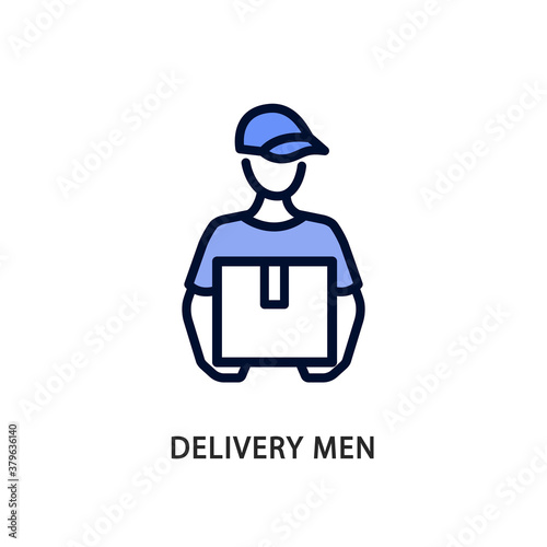Delivery men line flat icon blue color. Vector illustration a man in a cap holds a box in his hands. Postman. Express delivery to the apartment.