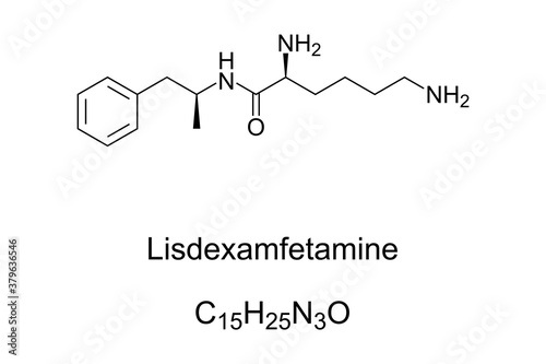Lisdexamfetamine, chemical structure. A medication and derivative of amphetamine. A central nervous system stimulant, used in the treatment of ADHD and binge eating. Illustration over white. Vector.