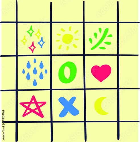 Nature icons in black grid field. Flat childish seasonal icons. Geometric abstract shapes. Vector illustration. 