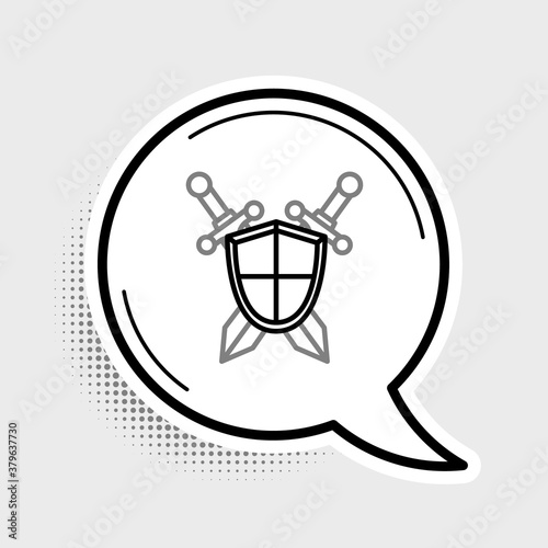 Line Medieval shield with crossed swords icon isolated on grey background. Colorful outline concept. Vector.