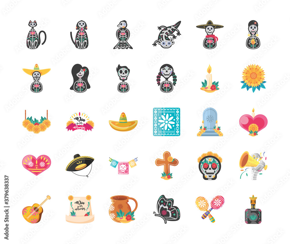 Mexican day of dead detailed style 30 icon set vector design - obrazy, fototapety, plakaty 