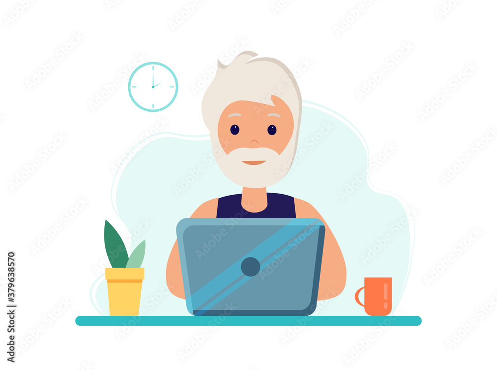 An elderly man at a laptop. Home office during coronavirus outbreak concept, old man works from home. Vector illustration in flat style. Stay at home