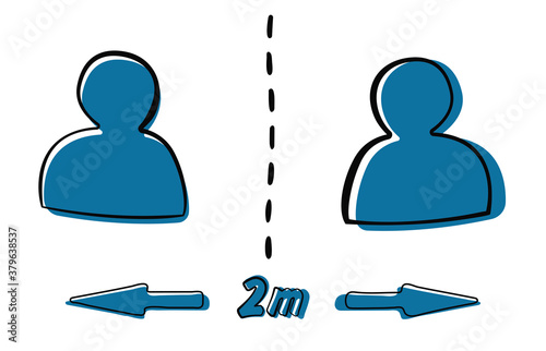 Two meters distance. Blue drawn icon distancing 2m. Two persons distancing illustration. Blue shapes of human body are keep distance. Silhouette of human body distance covid.