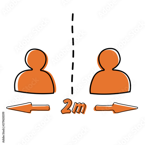 Two meters distance drawn icon. Vector orange illustration two people distancing.
