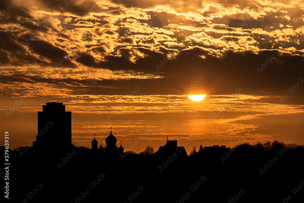 cityscape skyline silhouette at sunset in Vilnius, Lithuania
