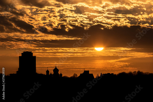 cityscape skyline silhouette at sunset in Vilnius, Lithuania
