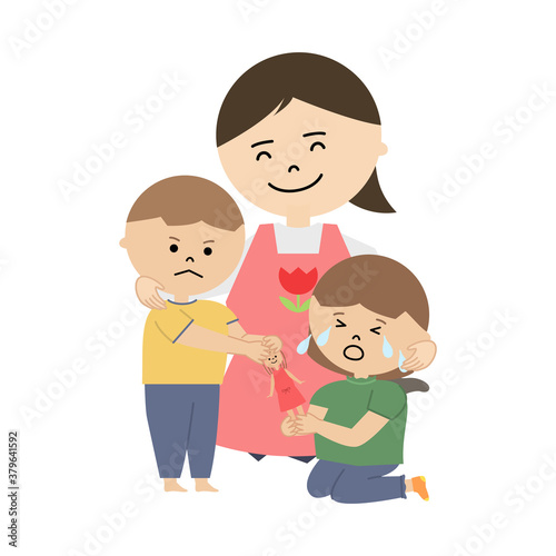 喧嘩する子供たちとなだめる保育士のイラスト