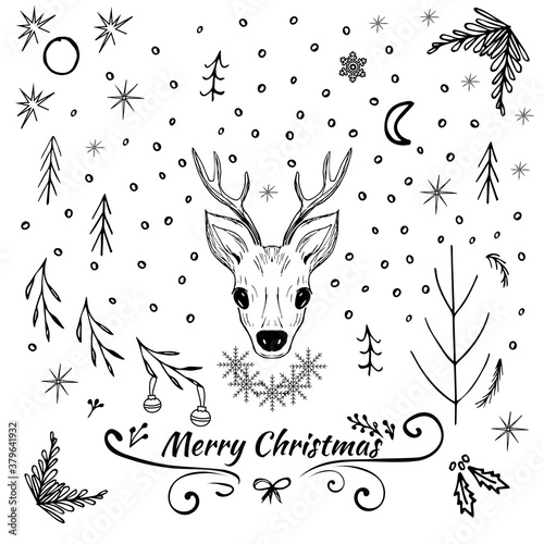 A Christmas card with a sketch of Christmas symbols and a fawn s head for a greeting card  a holiday poster or an invitation to a party. Vector illustration.
