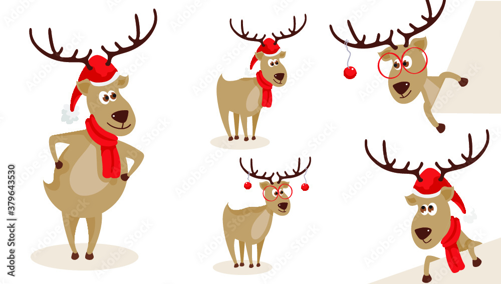 Set of funny deers with Christmas hat and scarf. Deer with glasses. Vector illustration