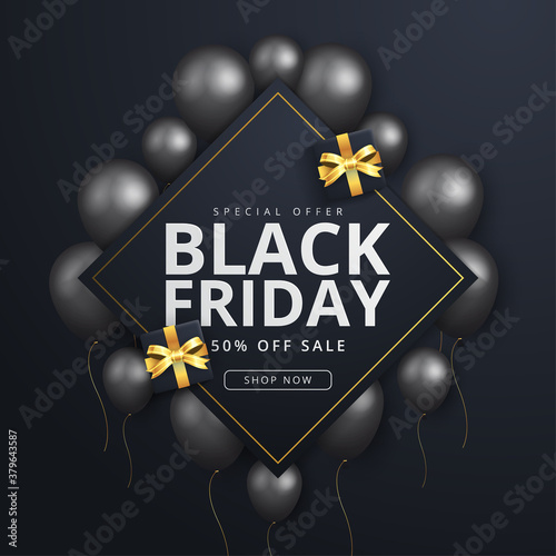 Black Friday sale typographic design. 3d stylized white color letters with glossy balloons. Black background. Vector illustration.
