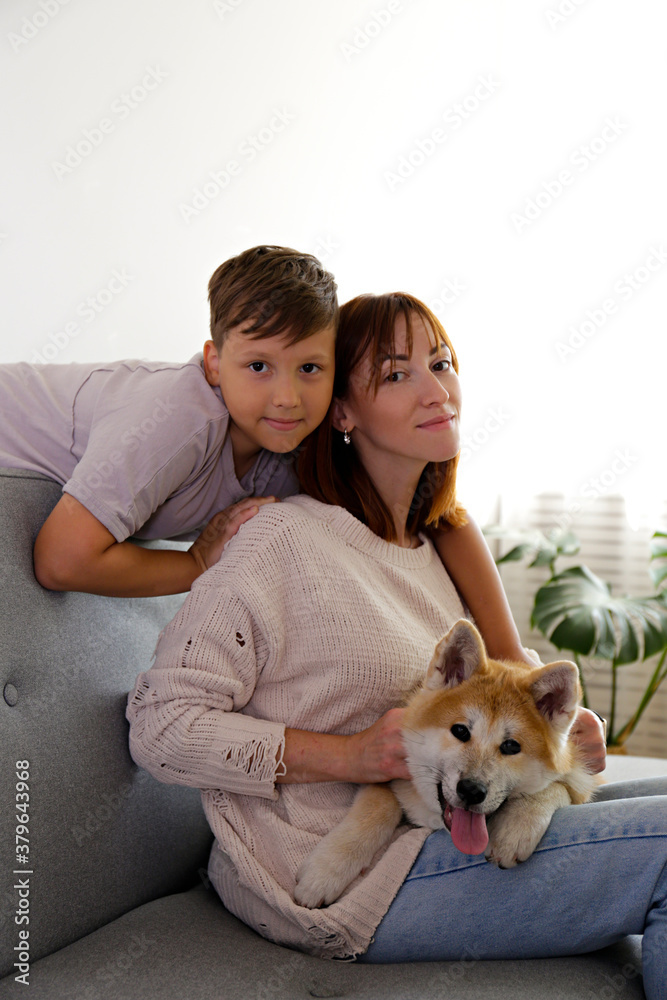 Image of a happy family, boy and his mother on the couch with nine months old japanese akita inu doggy. Kid, his mom and funny big breed dog playing at home. Close up, copy space.