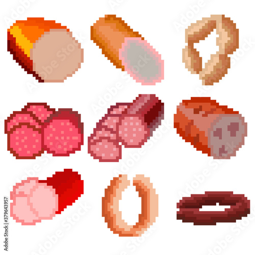 A set of nine food items consisting of pixels. Various sausages. Old graphics, interesting images for games, websites, restaurant menus, and much more.