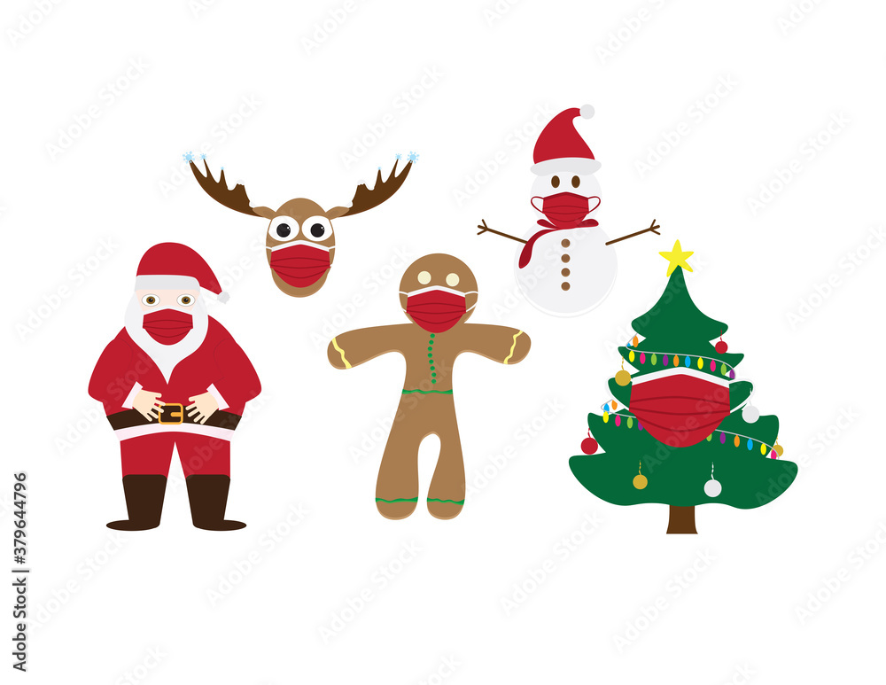 Set of Christmas symbols - Santa Claus, Gingerbread man cookie, Decorated Christmas tree, Reindeer head and Snowman - wearing Red face masks on White background