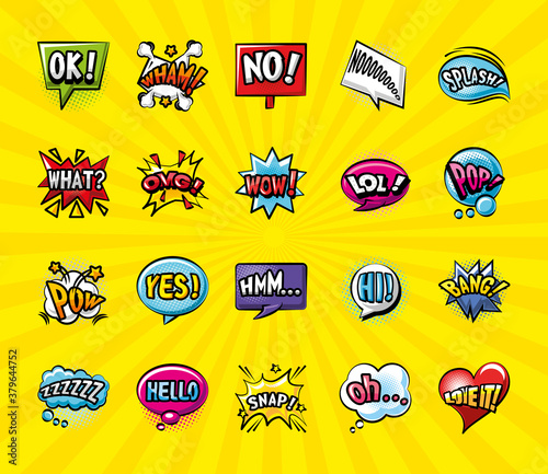 pop art bubbles detailed style bundle of icons vector design