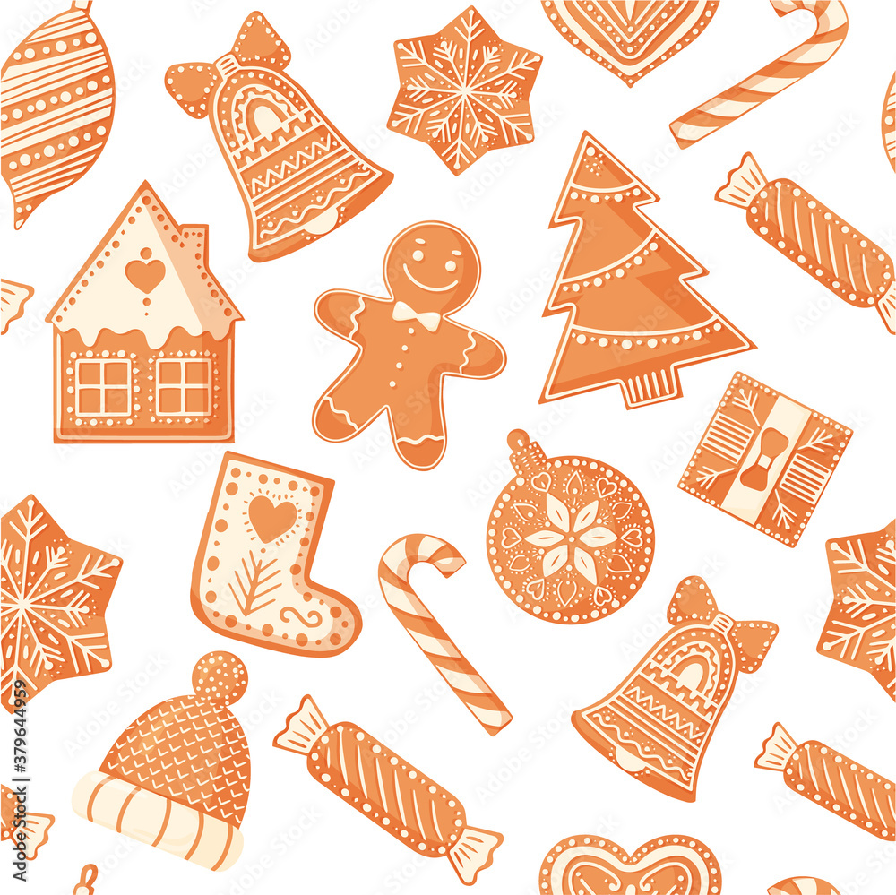 Christmas seamless pattern with gingerbread cookies. Design for Christmas and New Year decoration, wrapping paper, print, fabric or textile. Vector illustration. Christmas seamless pattern with gingerbread cookies. Design for Christmas and New Year decoration, wrapping paper, print, fabric or textile. Vector illustration.