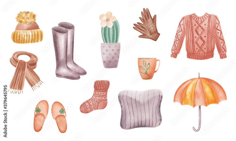 Autumn clothes set. Set with autumn boots, clothing, umbrella, knitted hat, scarf, gloves. Watercolor illustration isolated on white background Autumn clothes set. Set with autumn boots, clothing, umbrella, knitted hat, scarf, gloves. Watercolor illustration isolated on white background