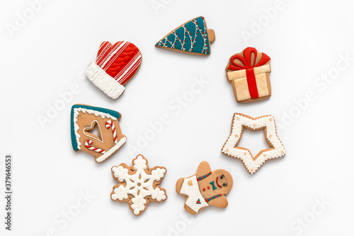 Christmas collection gingerbread cookies isolated on white background, round frame. Top view, flat lay.