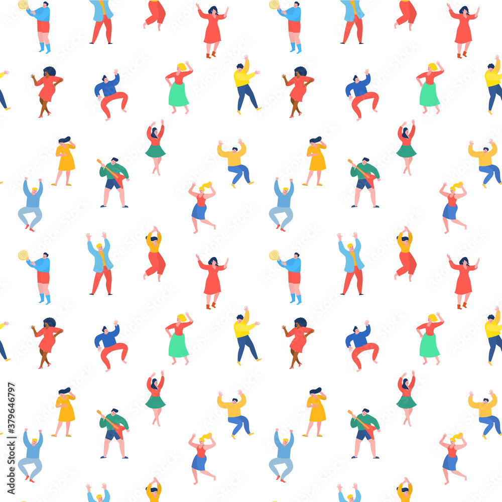 Dancing people funny cartoon style. Men and women in free movement poses. Flat design.