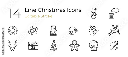 The linear set of Holiday Christmas icons on red background. Vector illustration. EPS10