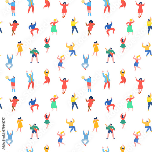 Dancing people funny cartoon style. Men and women in free movement poses. Flat design.