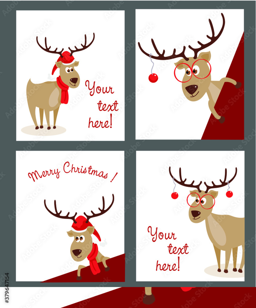 Set of 4 Christmas postcards with funny deers. Deers with glasses, hat and scarf. Vector illustration. Text isolated.