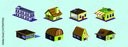 set of isometric house cartoon icon design template with various models. vector illustration isolated on blue background