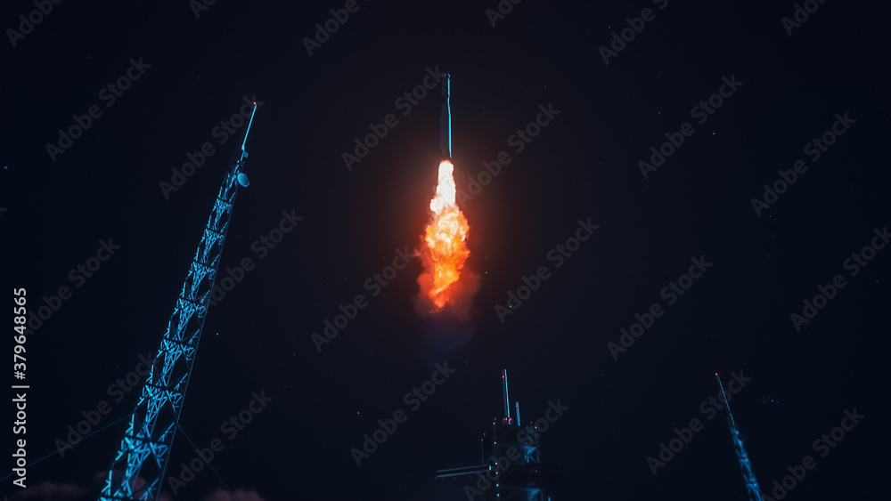 Launch Pad Complex: Successful Rocket Launching with Crew on a Space Exploration Mission. Flying Spaceship Blasts Flames and Smoke on a Take-Off. Humanity in Space, Conquering Universe Launch Pad Complex: Successful Rocket Launching with Crew on a Space Exploration Mission. Flying Spaceship Blasts Flames and Smoke on a Take-Off. Humanity in Space, Conquering Universe