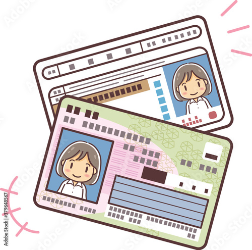 顔写真つき身分証明書のセットのイラスト（マイナンバーカード・運転免許証・女性）