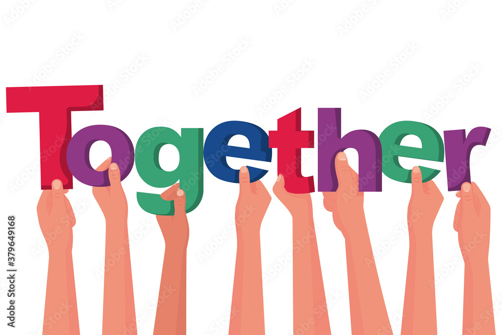 Landing page together. Teamwork of businessmen holds in hand letters word. People creative. Symbol brainstorming. Vector illustration flat design. Isolated on background. Business metaphor abstract. Landing page together. Teamwork of businessmen holds in hand letters word. People creative. Symbol brainstorming. Vector illustration flat design. Isolated on background. Business metaphor abstract.