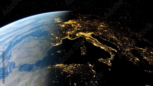 realistic night Italy from space, Venice from space, night Sicily from space, central Europe at night, night Rome from satellite 3D render	