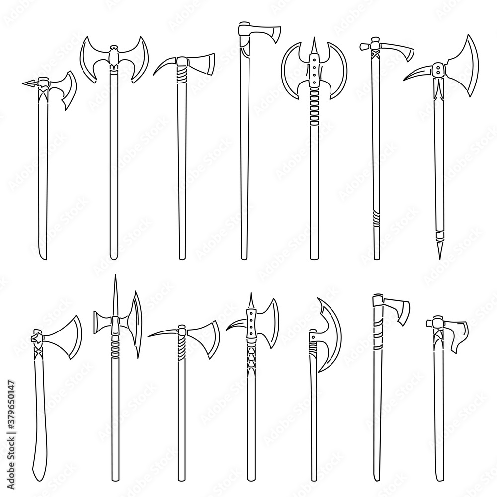 Set of simple vector images of medieval axes and hatchets drawn in art line style. Set of simple vector images of medieval axes and hatchets drawn in art line style.