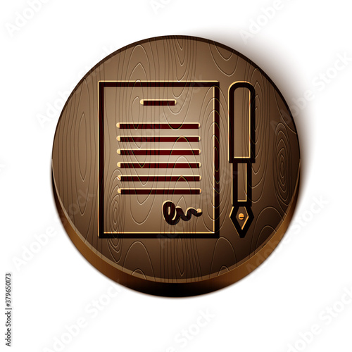 Brown line Marriage contract icon isolated on white background. Wedding certificate. Wooden circle button. Vector.