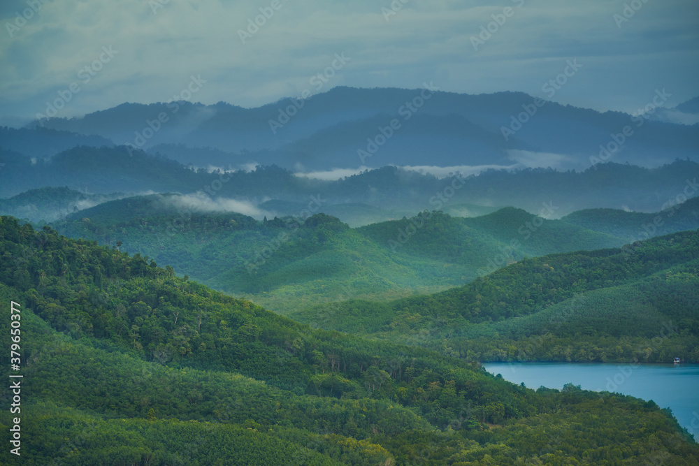 Aerial view of ranong hill with mountain pattern and foggy landscape