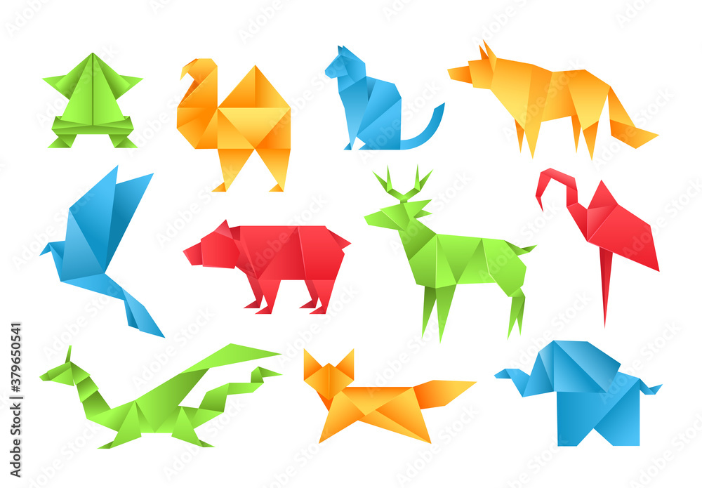 Fototapeta premium Zwierzęta origami różne zabawki papierowe zestaw żaba, ptak, wielbłąd, niedźwiedź, kot, jeleń, lis, smok, słoń, dinozaur, flaming, wilk kreskówka geometryczne zabawki do gier japoński papier origami symbol przyrody