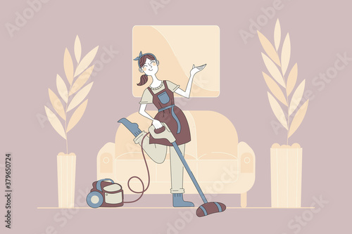 Cleaning, housekeeping, leisure concept. Young happy smiling woman girl housekeeper in apron cartoon character doing housework with vacuum cleaner wiping dust at home. Domestic chores illustration.