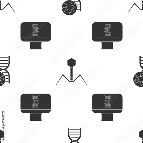 Set DNA symbol and virus, Bacteria bacteriophage and DNA spiral and computer on seamless pattern. Vector.