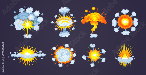 Animation for game of explosion effect. Frame comic animation with effect of fun explosion, divided into separate scenes framed artwork. Fire smoke, burning with elements flame, particles