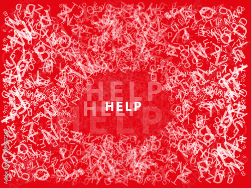 The inscription help w on a red background with flying letters.
