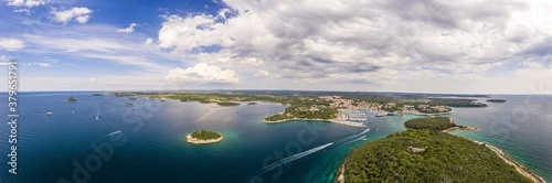 Wide angle panoramic drone picture over shore and islands along adriatic coast of Vrsar