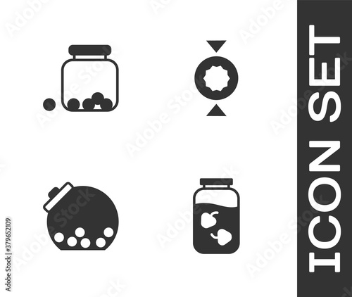 Set Strawberry jam jar, Glass with candies inside, and Candy icon. Vector.