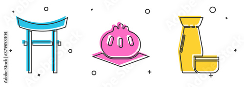 Set Japan Gate, Khinkali on cutting board and Traditional Japanese tea ceremony icon. Vector.