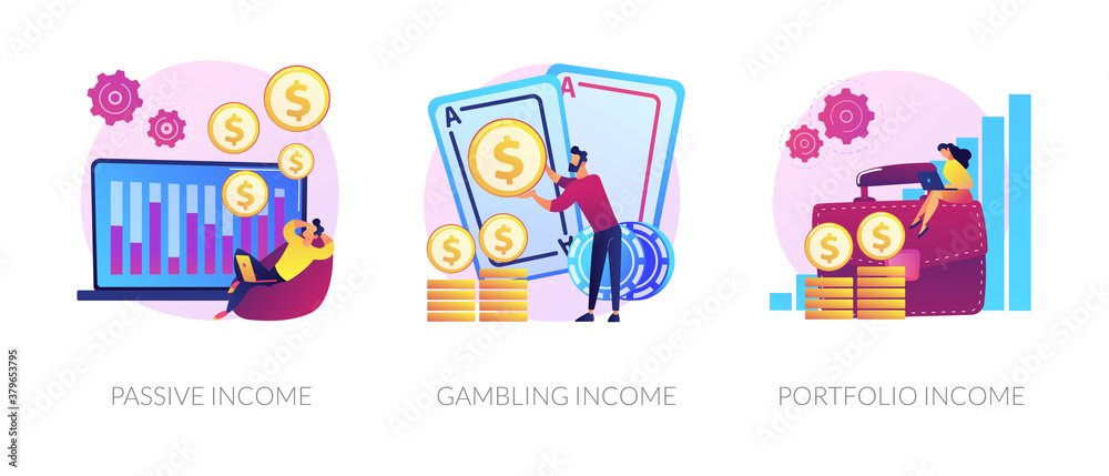 Money earning flat icons set. Business investment, profit increase, revenue growth. Passive income, gambling income, portfolio income metaphors. Vector isolated concept metaphor illustrations.