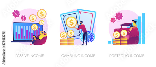 Money earning flat icons set. Business investment, profit increase, revenue growth. Passive income, gambling income, portfolio income metaphors. Vector isolated concept metaphor illustrations.