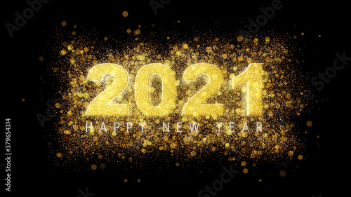 Glow Golden Text Happy New Year 2021 With Gold Burst Glitter on Black Background , Happy New Year 2021 Golden background with Burst glitter , 3D rendering.