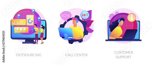Company services and organizational management. Corporate helpline, client assistance. Outsourcing, call center, customer support metaphors. Vector isolated concept metaphor illustrations.