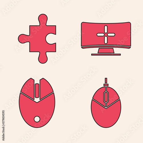 Set Computer mouse gaming, Piece of puzzle, Computer monitor and Computer mouse gaming icon. Vector.