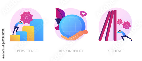 Personal skills development. Self growth and motivation. Career coaching, business training. Persistence, responsibility, resilience metaphors. Vector isolated concept metaphor illustrations.