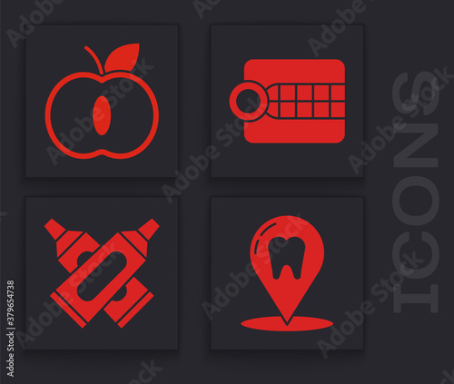 Set Dental clinic location, Apple, Dentures model and Crossed tube of toothpaste icon. Vector.