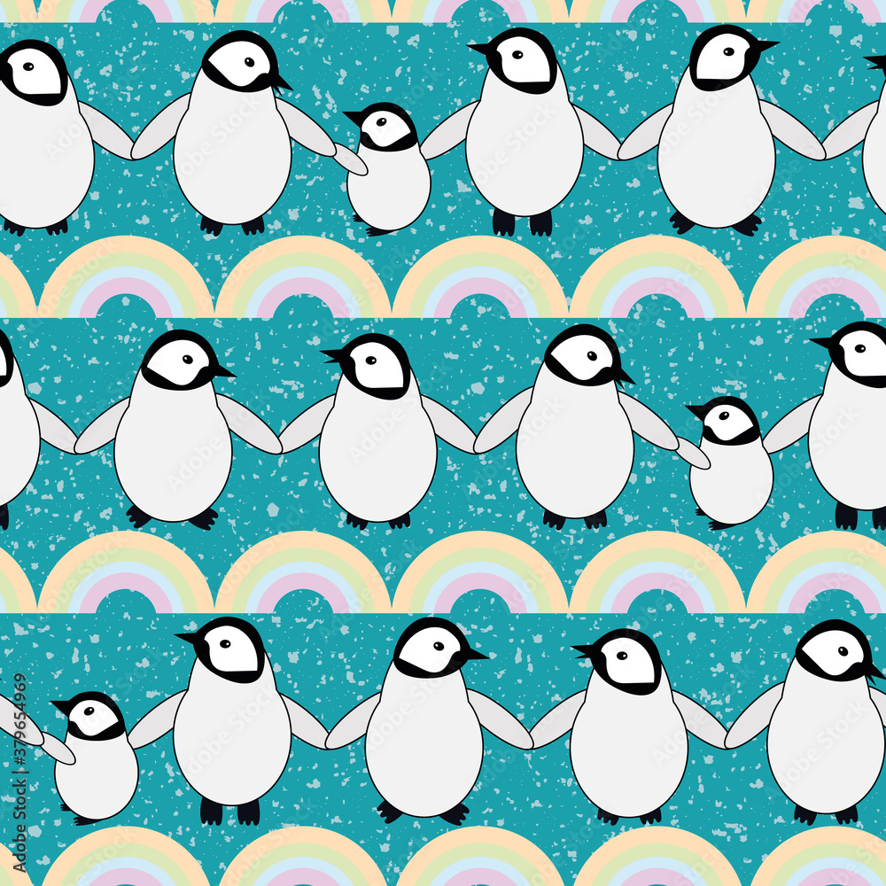 Obraz premium Cute Kawaii penguin baby vector seamless pattern background. Rows of adorable cartoon emperor chicks with rainbows on snowflake aqua blue backdrop. Hand drawn winter geometric all over print.