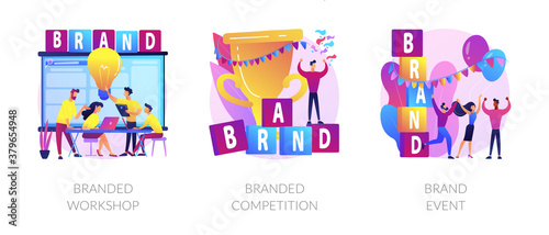 Marketing strategies for company promotion. Marketplace leadership achievement. Branded workshop  branded competition  brand event metaphors. Vector isolated concept metaphor illustrations